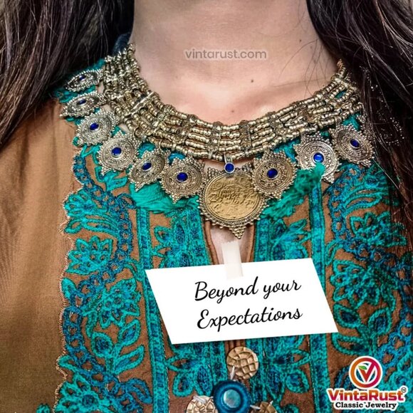 Afghan Vintage Multilayers Choker Necklace, Vintage Coins Jewelry - Picture 2 of 9